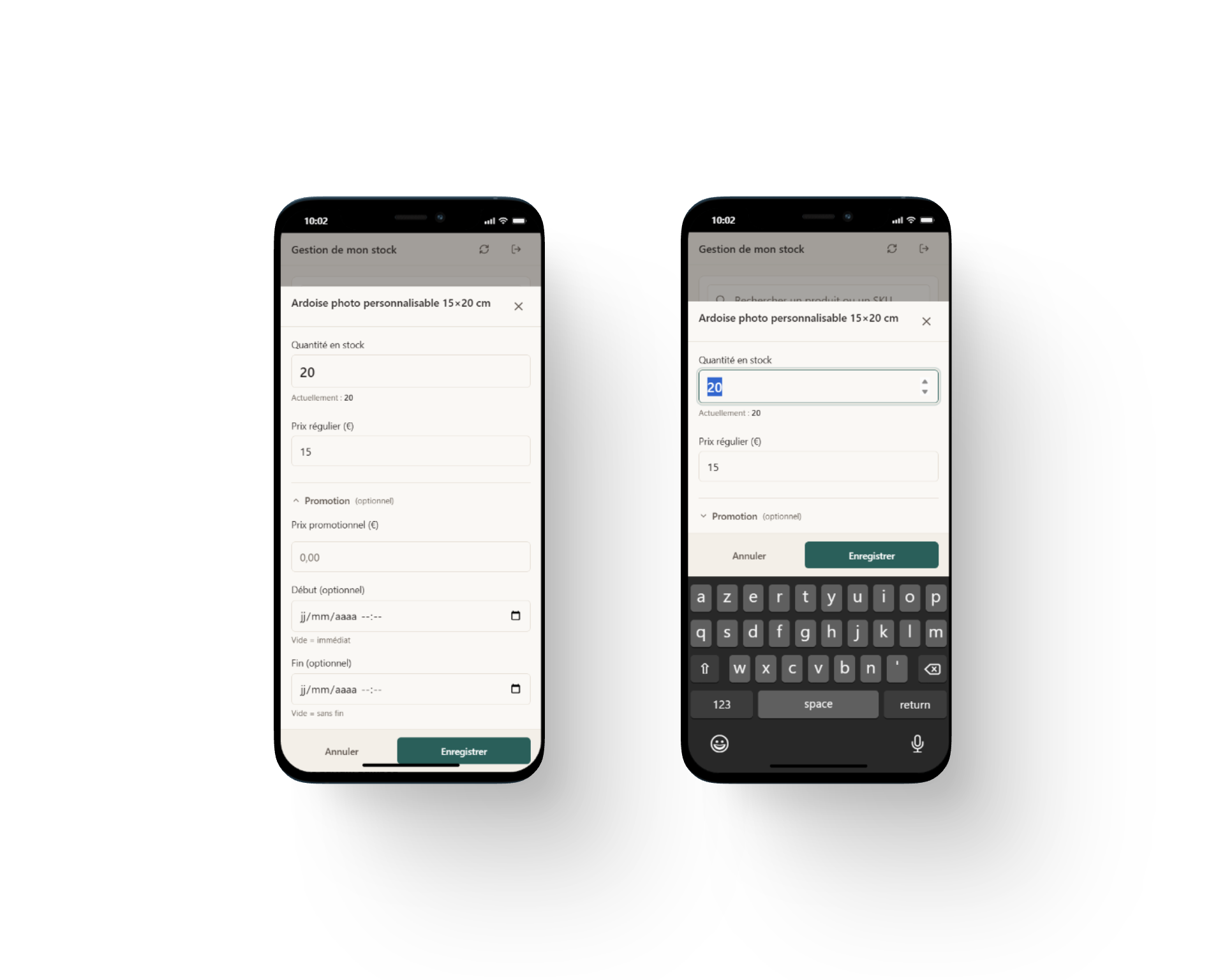 Modification du stock, du prix et de la promotion sur mobile
